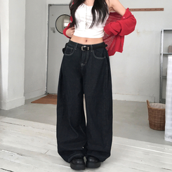 버킷 기장선택 사이드핀턱 생지 데님 와이드 팬츠 다크블루