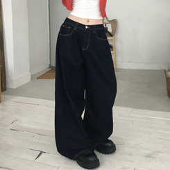 버킷 기장선택 사이드핀턱 생지 데님 와이드 팬츠 다크블루