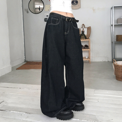 버킷 기장선택 사이드핀턱 생지 데님 와이드 팬츠 다크블루