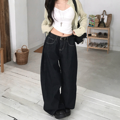 버킷 기장선택 사이드핀턱 생지 데님 와이드 팬츠 다크블루