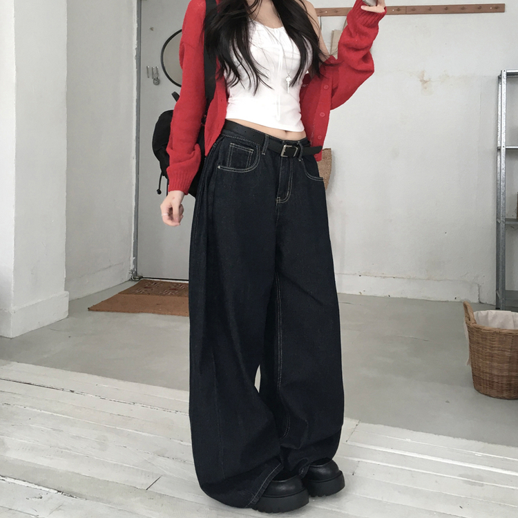 버킷 기장선택 사이드핀턱 생지 데님 와이드 팬츠 다크블루