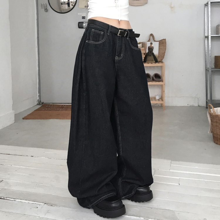 버킷 기장선택 사이드핀턱 생지 데님 와이드 팬츠 다크블루