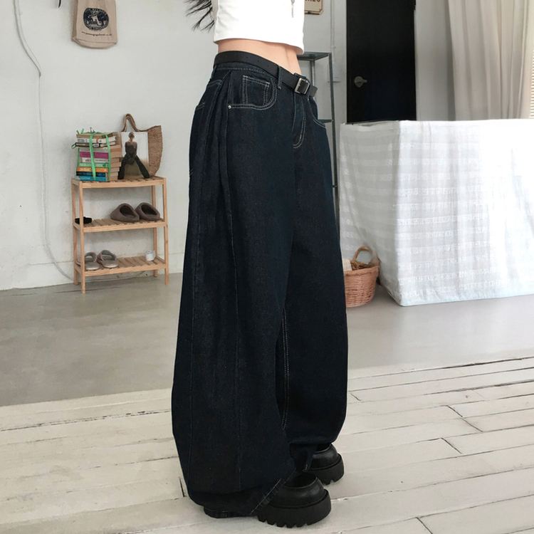 버킷 기장선택 사이드핀턱 생지 데님 와이드 팬츠 다크블루