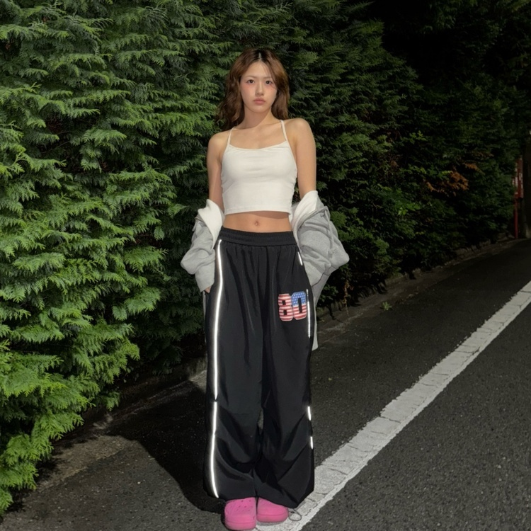 나일론 바스락 스트링 레이어드 와이드 팬츠 블랙