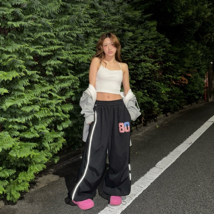 나일론 바스락 스트링 레이어드 와이드 팬츠 블랙