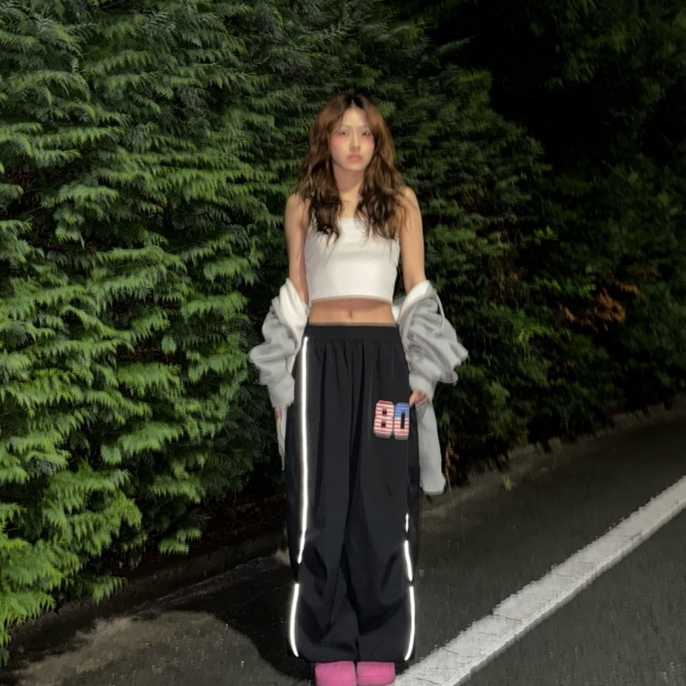 나일론 바스락 스트링 레이어드 와이드 팬츠 블랙