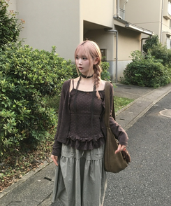 【SET】ドットキャミソール+カーディガン BROWN