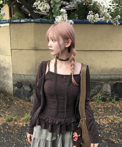 【SET】ドットキャミソール+カーディガン BROWN