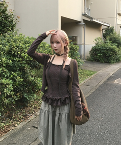 【SET】ドットキャミソール+カーディガン BROWN