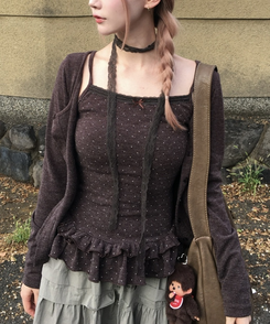 【SET】ドットキャミソール+カーディガン BROWN