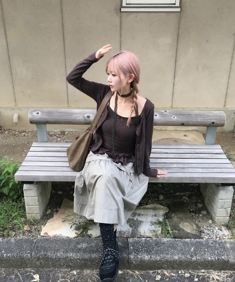 【SET】ドットキャミソール+カーディガン BROWN