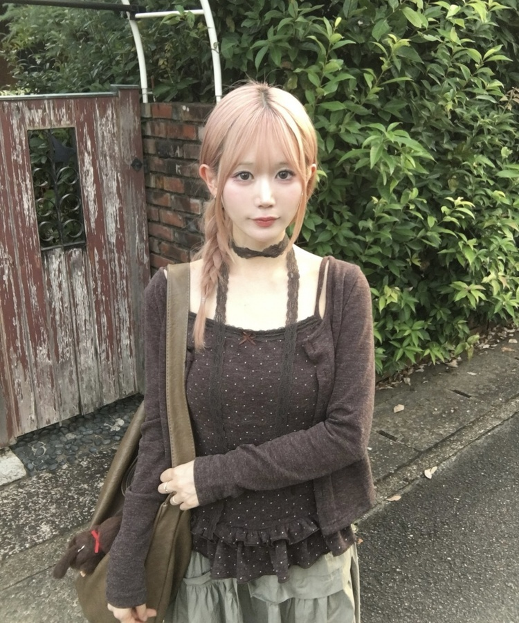 【SET】ドットキャミソール+カーディガン BROWN