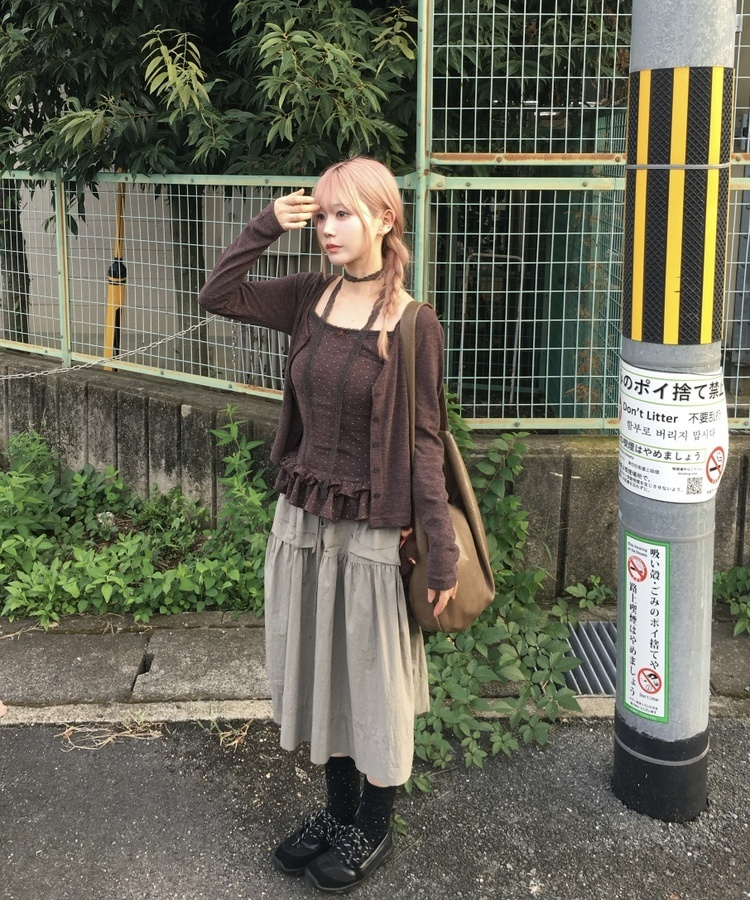 【SET】ドットキャミソール+カーディガン BROWN