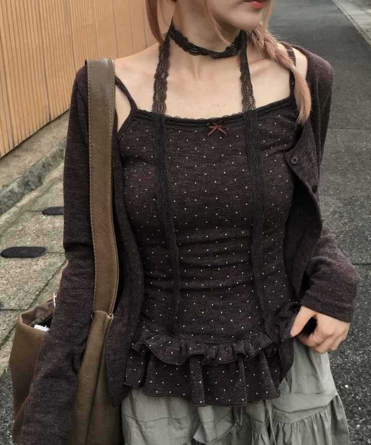 【SET】ドットキャミソール+カーディガン BROWN