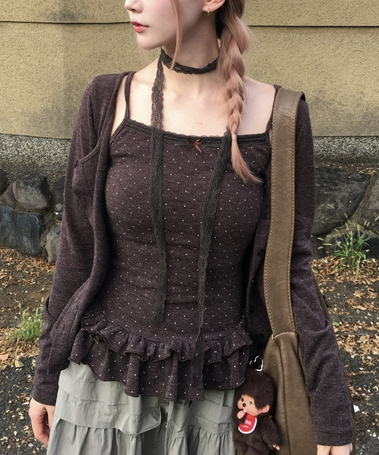 【SET】ドットキャミソール+カーディガン BROWN