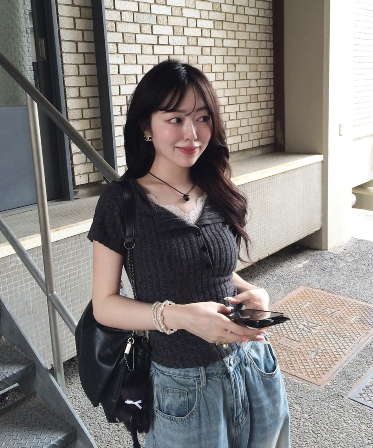 러빈 레이스 티셔츠 먹색