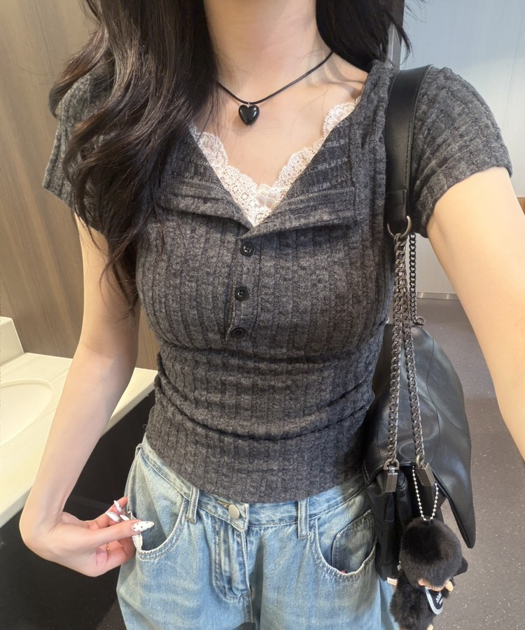 러빈 레이스 티셔츠 먹색
