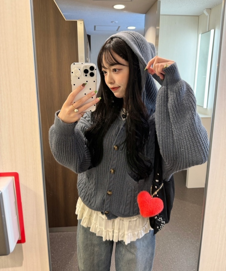 후드 꽈배기 니트 가디건 그레이