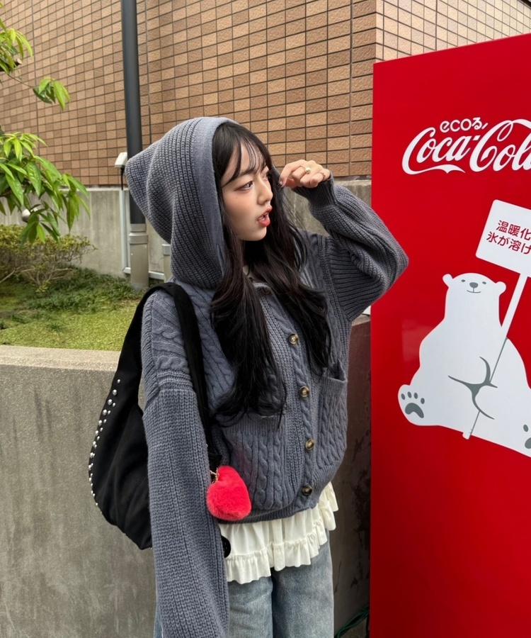 후드 꽈배기 니트 가디건 그레이