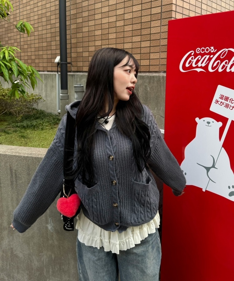 후드 꽈배기 니트 가디건 그레이