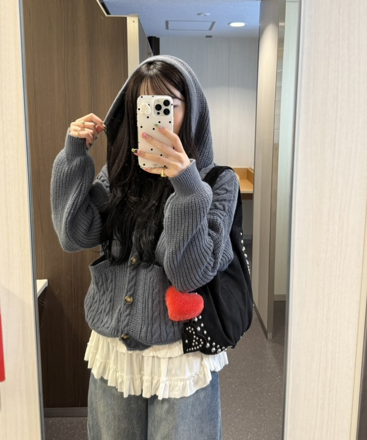 후드 꽈배기 니트 가디건 그레이