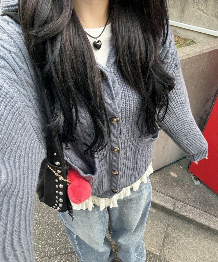 후드 꽈배기 니트 가디건 그레이