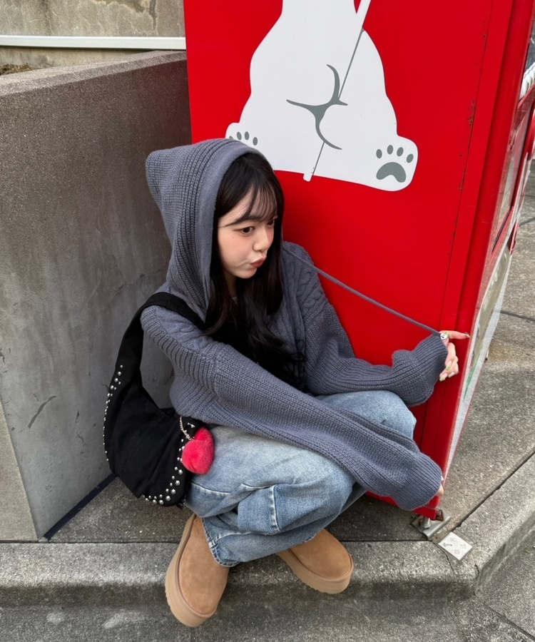 ケーブルニットフードカーディガン GRAY