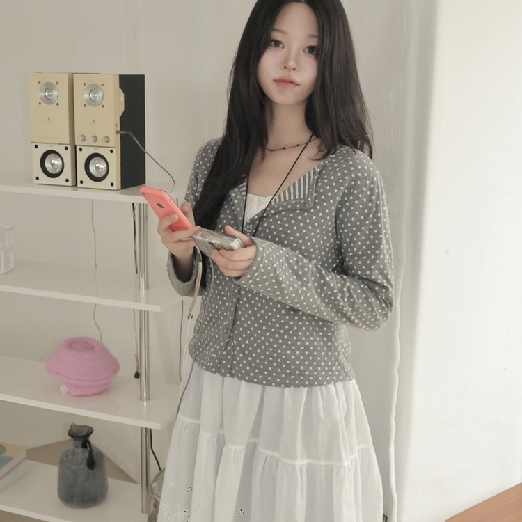 키치 유니크 스트라이프 안감 도트 가디건 봄 가을 빈티지 그레이