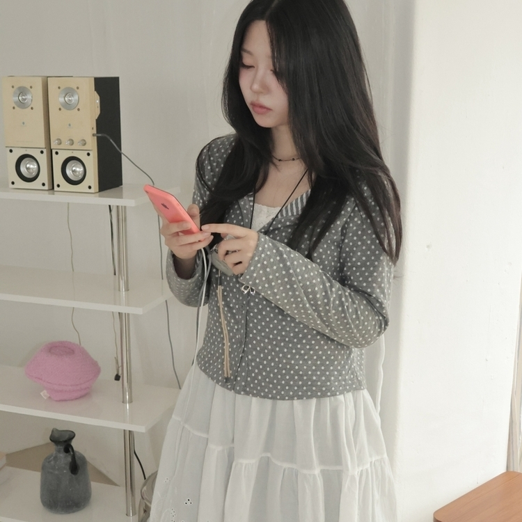 키치 유니크 스트라이프 안감 도트 가디건 봄 가을 빈티지 그레이