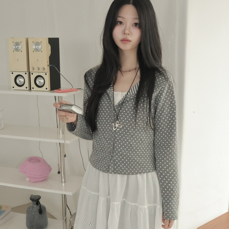 키치 유니크 스트라이프 안감 도트 가디건 봄 가을 빈티지 그레이