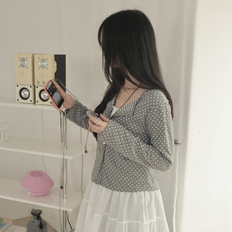 키치 유니크 스트라이프 안감 도트 가디건 봄 가을 빈티지 그레이