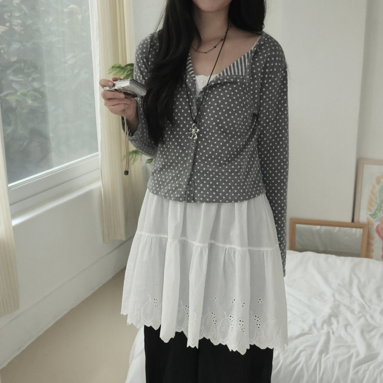 키치 유니크 스트라이프 안감 도트 가디건 봄 가을 빈티지 그레이