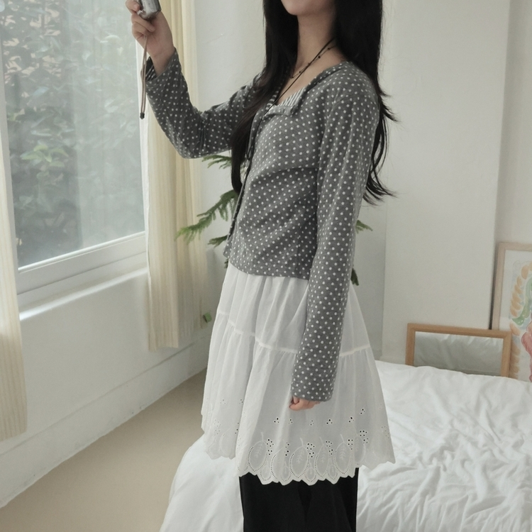 키치 유니크 스트라이프 안감 도트 가디건 봄 가을 빈티지 그레이