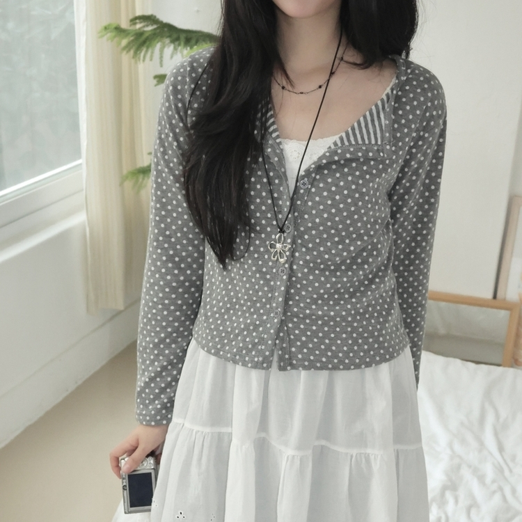 키치 유니크 스트라이프 안감 도트 가디건 봄 가을 빈티지 그레이