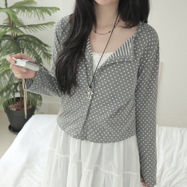 키치 유니크 스트라이프 안감 도트 가디건 봄 가을 빈티지 그레이