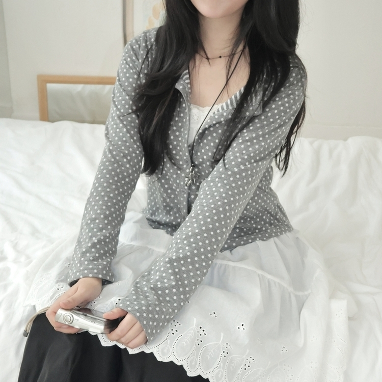 키치 유니크 스트라이프 안감 도트 가디건 봄 가을 빈티지 그레이