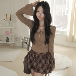 レースリボンパフ長袖Tシャツ CHESTNUT BROWN