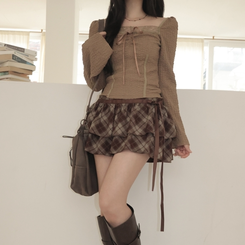 レースリボンパフ長袖Tシャツ CHESTNUT BROWN