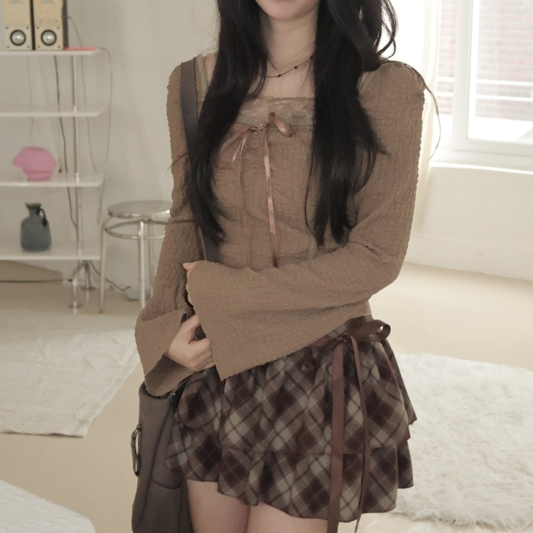 라떼 레이스 리본 퍼프 긴팔티셔츠 블라우스 밤색