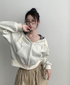 푸티 배색 체크 크롭 오버핏 스트링 후드집업 베이지