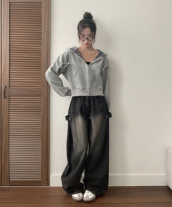 푸티 배색 체크 크롭 오버핏 스트링 후드집업 연그레이