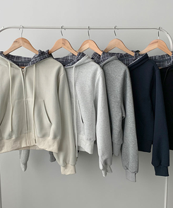 푸티 배색 체크 크롭 오버핏 스트링 후드집업