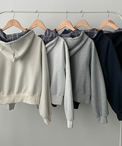 푸티 배색 체크 크롭 오버핏 스트링 후드집업