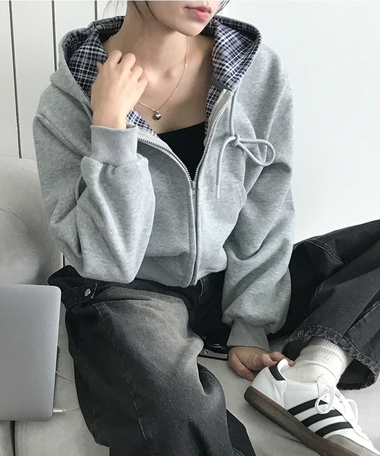 푸티 배색 체크 크롭 오버핏 스트링 후드집업 연그레이