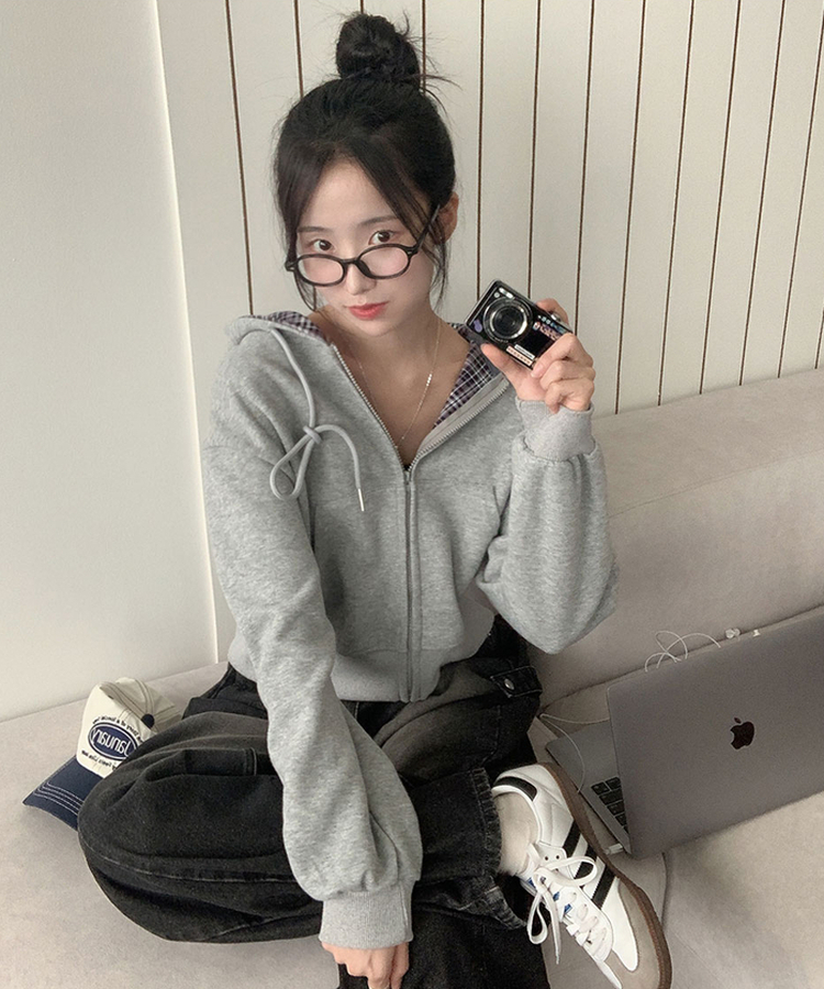 푸티 배색 체크 크롭 오버핏 스트링 후드집업 연그레이