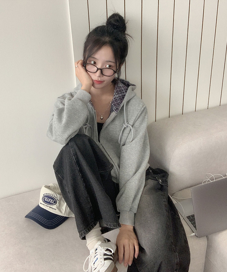 푸티 배색 체크 크롭 오버핏 스트링 후드집업 연그레이