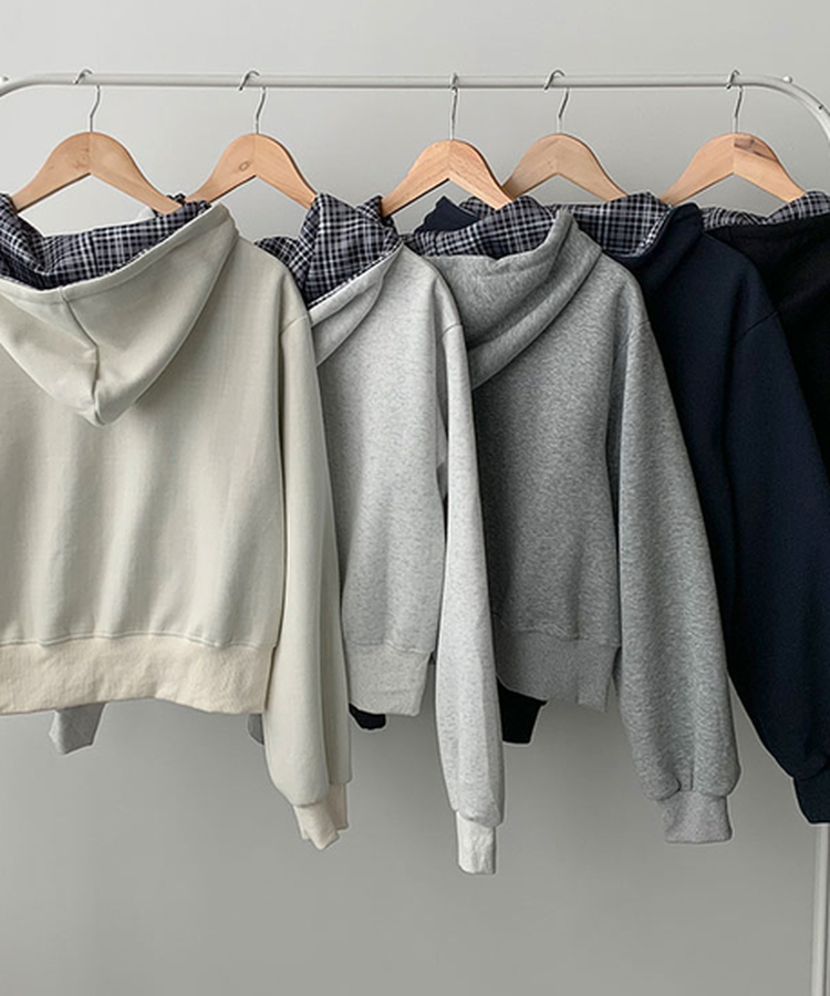 푸티 배색 체크 크롭 오버핏 스트링 후드집업