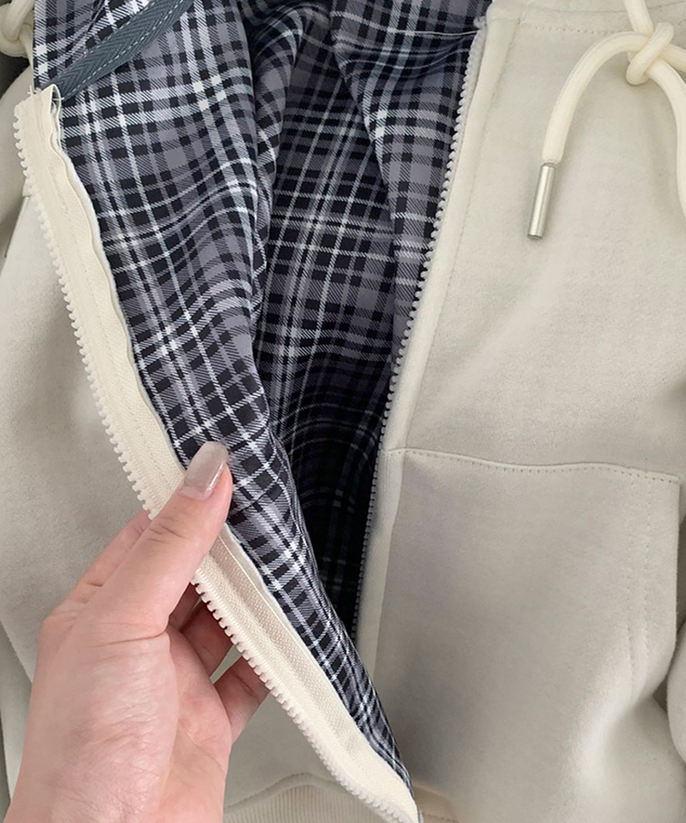 푸티 배색 체크 크롭 오버핏 스트링 후드집업