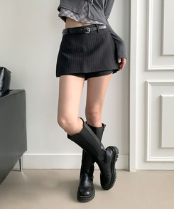 헤나 스트라이프 트임 A라인 미니 랩스커트 팬츠 벨트 세트 검정