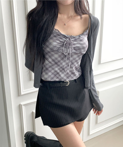 헤나 스트라이프 트임 A라인 미니 랩스커트 팬츠 벨트 세트 검정